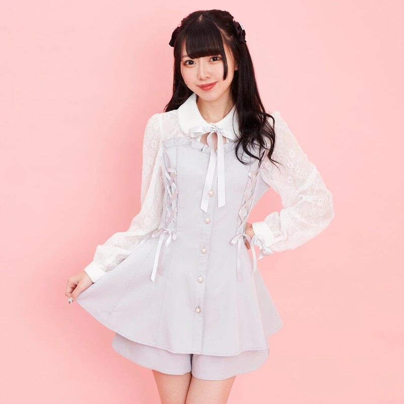 가을 겨울 신작 세트 SC LANDMINE 대량 생산 하이 웨이스트 슈퍼 슬림 레이스 스플 라이스 투피스 세트 일본식 넥타이 보우