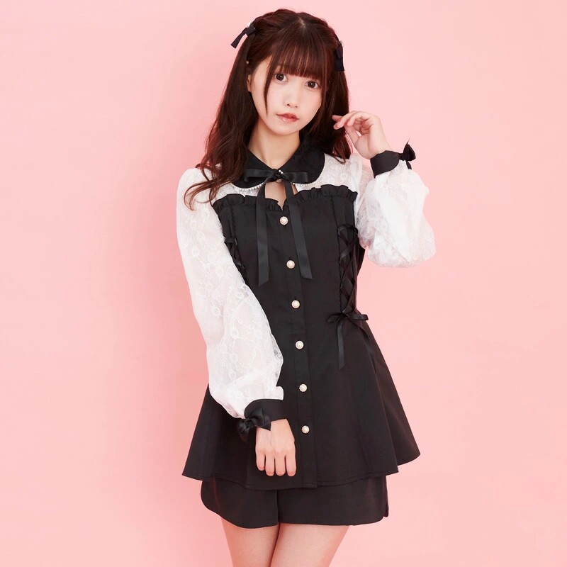 가을 겨울 신작 세트 SC LANDMINE 대량 생산 하이 웨이스트 슈퍼 슬림 레이스 스플 라이스 투피스 세트 일본식 넥타이 보우