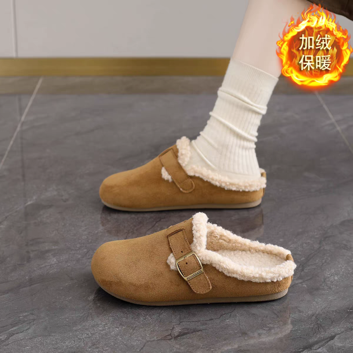 平底复古勃肯鞋女冬季加绒2025新款包头半拖鞋一脚蹬懒人孕妇棉拖