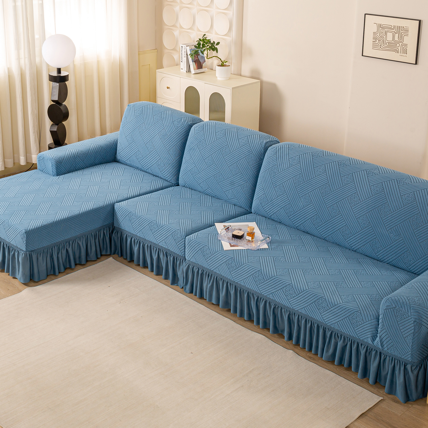 三座一贵妃裙摆沙发套罩一体式