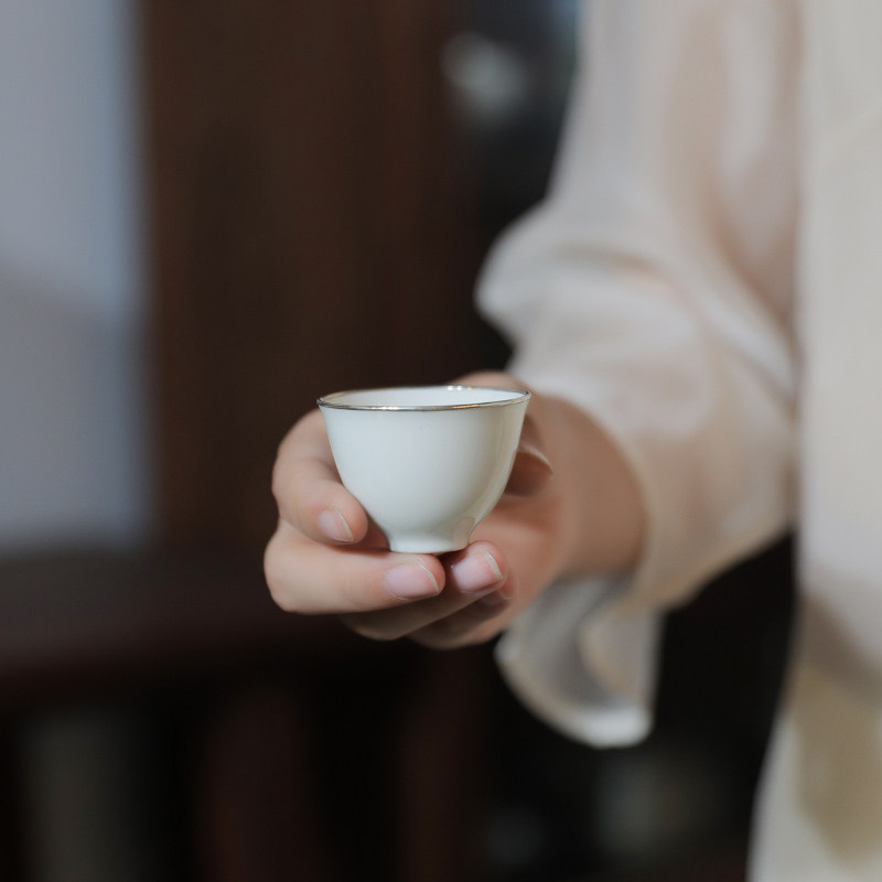 纯银999茶杯包银杯纯手工景德镇白瓷杯主人杯品茗杯套装茶杯 清新