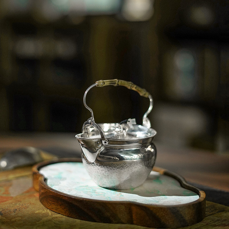 纯银999纯手工一张打纯银泡茶壶竹节提梁壶家用茶具茶器 平湖秋月