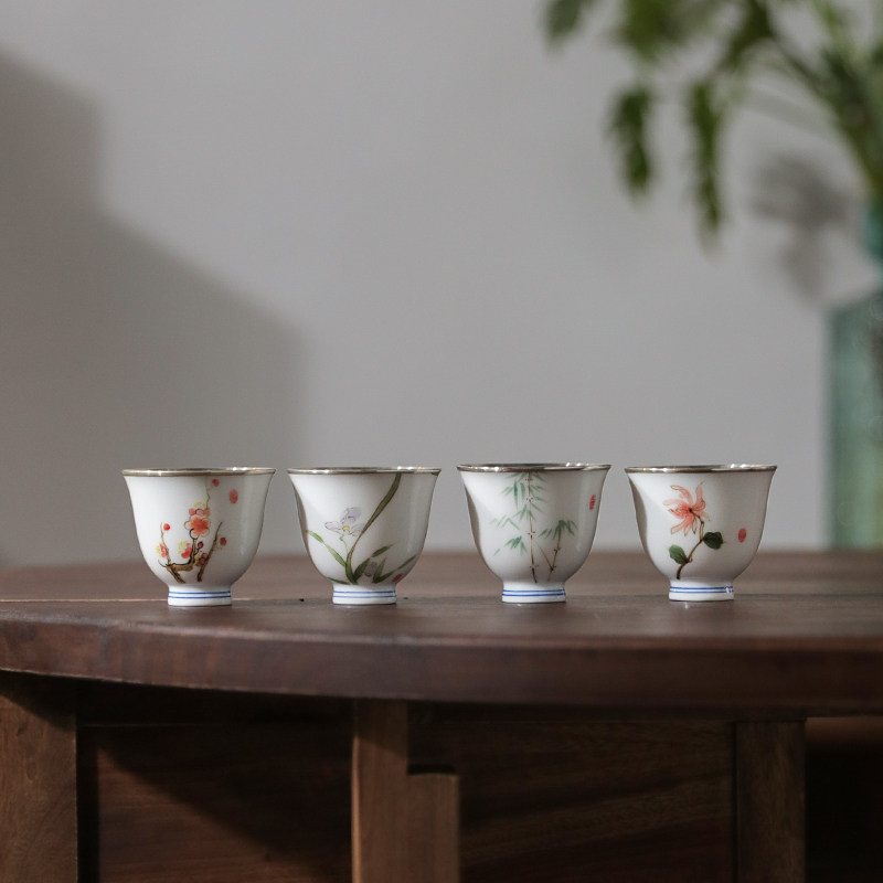 纯银999包银杯主人品茗杯景德镇白瓷手绘杯梅兰竹菊套装茶杯 君华