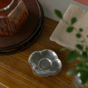 纯银999银杯垫纯手工一张打复古锤纹花瓣茶道零配茶具茶托 清霜