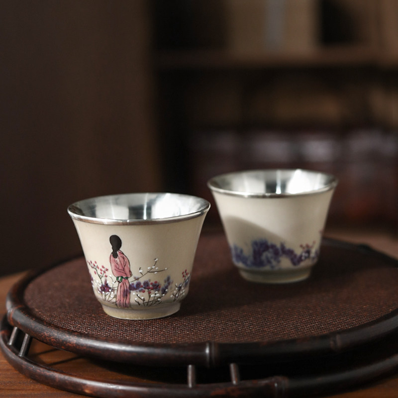 纯银999银杯日式瓷包银杯纯手工功夫茶杯小茶杯品茗杯 春风十里,餐饮具,茶杯,淘宝优惠券,粉丝福利购,淘宝优惠卷