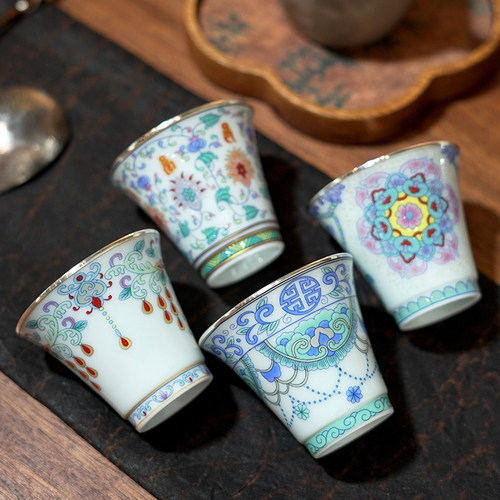 青花斗彩包银国风功夫茶杯