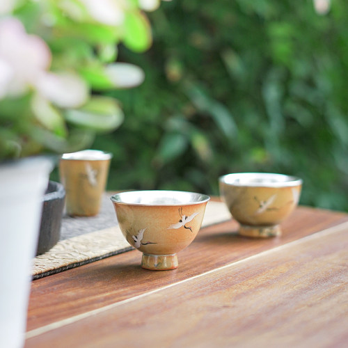 纯银999手工包银柴烧瑞鹤品茗杯