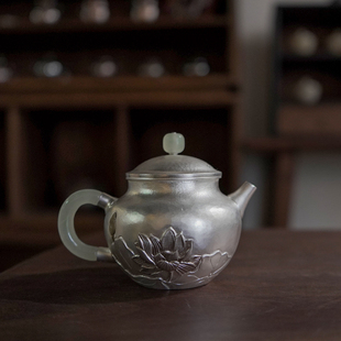 纯手工一张打錾刻茶具家用银器泡茶壶 纯银999足银银壶日式 芙蓉