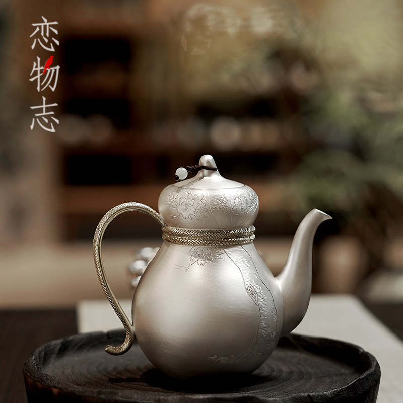 银壶纯银999泡茶壶酒壶纯手工一张打中式錾刻酒器 茶器银 器 酒仙