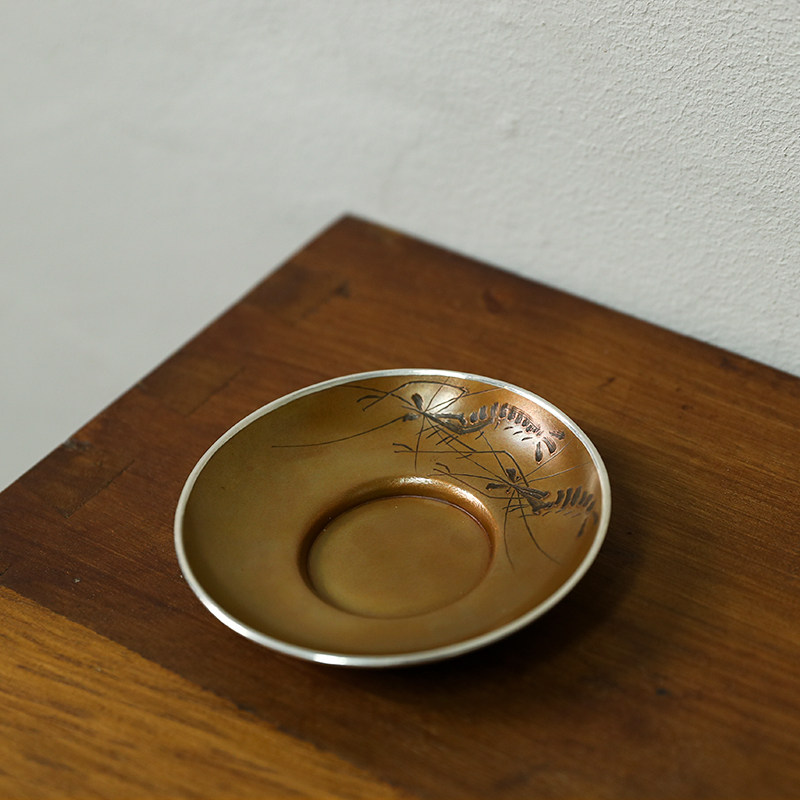 紫铜杯托日式刻花茶杯垫铜杯托茶道零配铜茶碟功夫茶具零配件虾趣