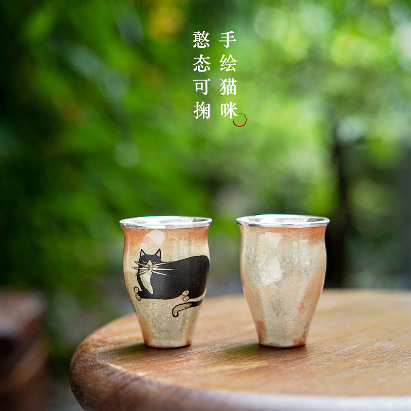 足银999纯手工手绘至野猫咪柴烧包银杯品茗杯家用茶杯主人杯 猫憩