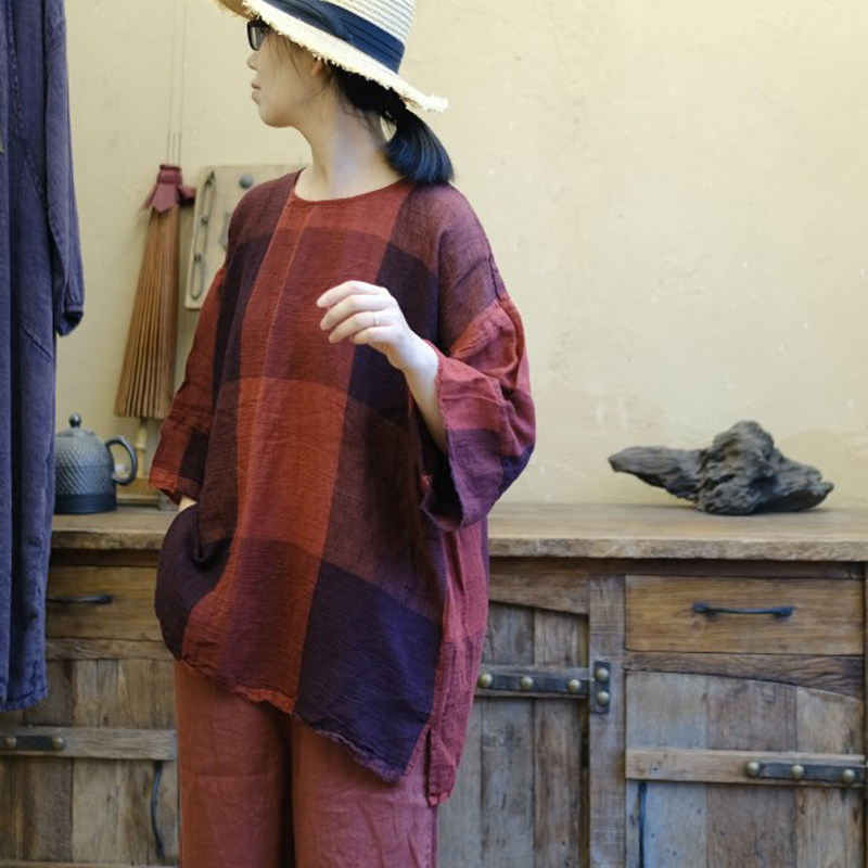 小泥姑娘复古水洗麻宽松文艺小衫1645