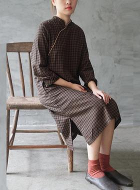 原创新中式色织格子显瘦旗袍复古民国秋双层旗袍连身裙L19272