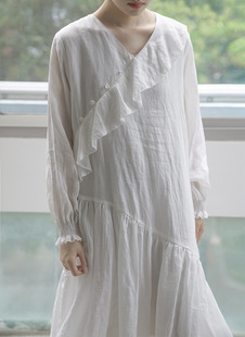 原创国风复古斜襟荷叶边苎麻连身裙 L21202 文艺田园双层仙气长裙