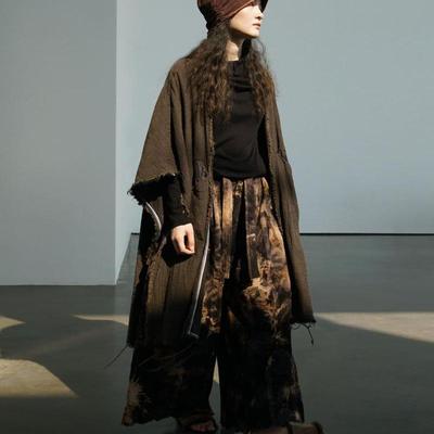 色织沙砾披肩毛边做旧长开衫