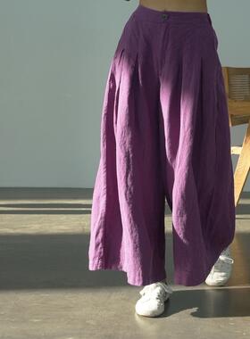 原创休闲文艺加厚亚麻阔腿裤女 高腰显瘦拖地武士裤K22298