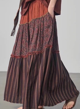 原创设计复古民族拼色半身裙 潮味休闲个性毛边长裙B24043