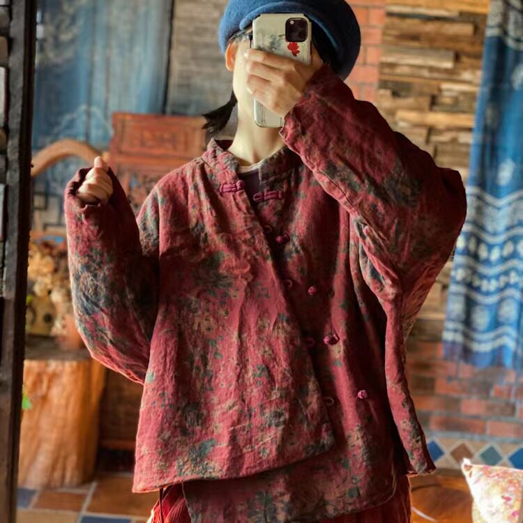 复古文艺仿香云纱印花纯亚麻斜襟棉衣外套1933