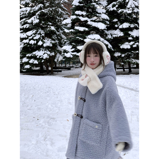 罐头士多所冬季新款仿羊羔毛外套女连帽撞色牛角扣中长款皮毛一体