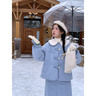 罐头士多所 冬季穿搭一整套90白鸭绒雾霾蓝毛领羽绒服+绗棉半身裙