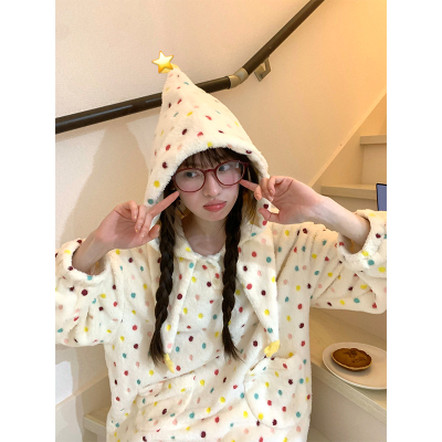 罐头士多所原创家居服套装女设计感彩色波点珊瑚绒睡衣两件套冬季