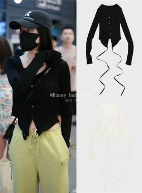 韩代潮牌LOWCLASSIC圆领系带纽扣开衫秦岚同款外套针织衫显瘦纯色