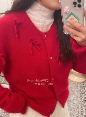 韩代潮牌mused温柔立体蝴蝶结花边袖毛衣复古圆领开衫针织外套女