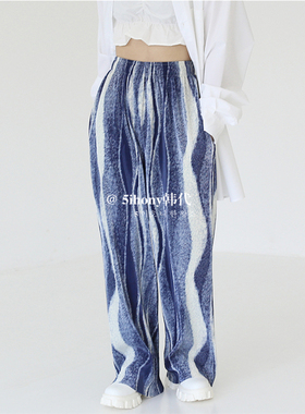 韩代潮牌Raucohouse顶楼锡京同款男女波浪纹褶皱垂感直筒宽松长裤