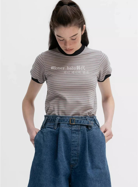 韩代潮牌viaplain 博主同款复古条纹拼色 弹力圆领修身短袖T恤女