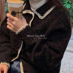 韩代潮牌LEROBE手工钩织花边翻领毛衣外套女复古纽扣针织开衫外套