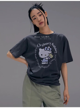 韩代潮牌ORDINARYHOLIDAY金智秀同款炭灰色Hello kitty短袖T恤女