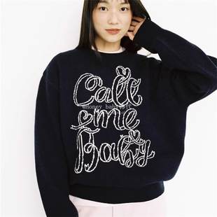 ins上衣女 韩代潮牌callmebaby圆领气质羊毛撞色字母毛衣针织衫