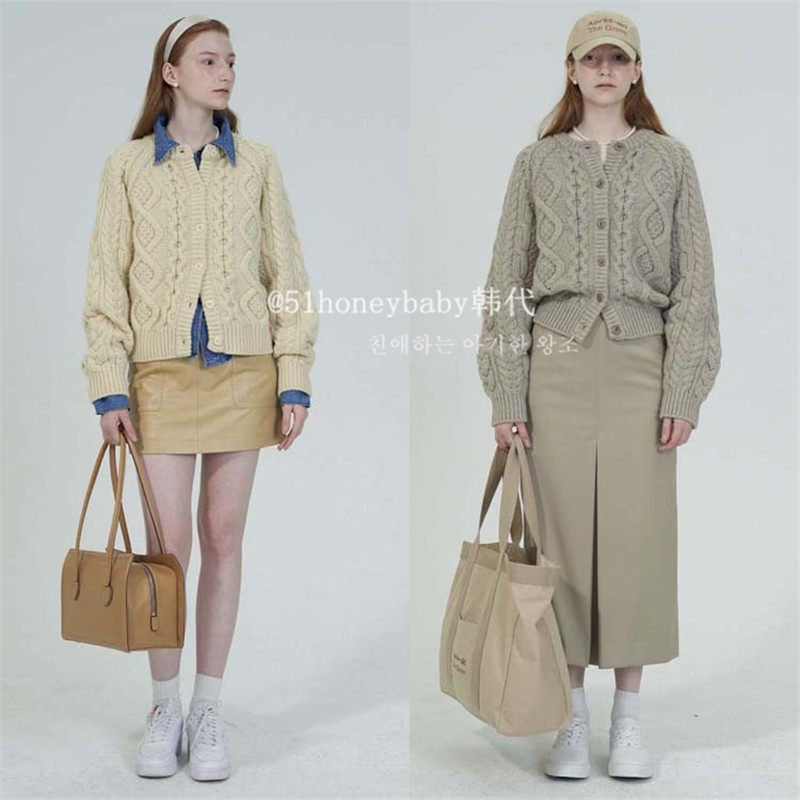 韩代潮牌GROVE 立体粗针麻花针织衫复古圆领纽扣开衫外套 纯色