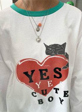 韩代潮牌minjiena猫咪字母植绒印花可爱拼色圆领长袖宽松T恤上衣