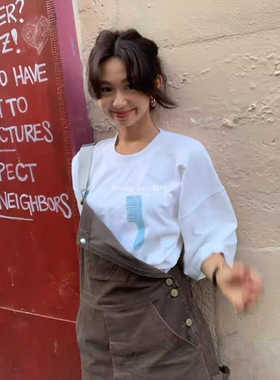 韩代潮牌STU简约蓝色梳子印花fever宽松休闲纯棉短袖T恤 背带长裤