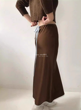 韩代潮牌 mabling松紧腰蕾丝花边蝴蝶结缎面丝滑包臀A字 半身裙