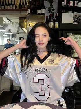 韩代潮牌Lartigent24新款V领撞色拼接网面复古球衣情侣装短袖t恤