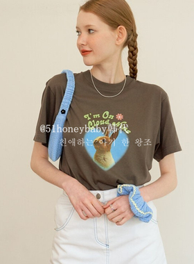 韩代潮牌margarin fingers爱心小兔子卡通印花虞书欣同款短袖t恤