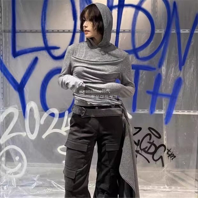 正品不对称绑带连帽打底长袖T恤