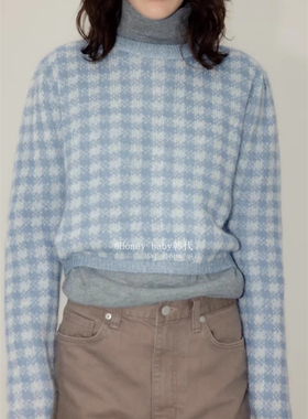 韩代潮牌 LEROBE撞色格子毛衣两面穿针织上衣女系扣 针织衫ins潮