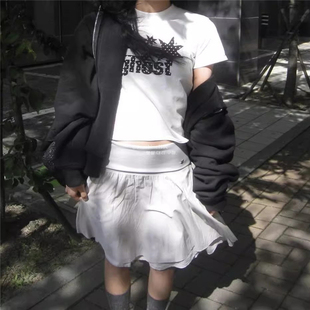 韩代潮牌Threetimes蝴蝶结牛仔裙LISA同款百褶短裙青春迷你半身裙