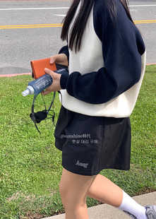 韩代潮牌haag字母松紧腰抽绳经典休闲百搭显瘦防水女夏运动 短裤