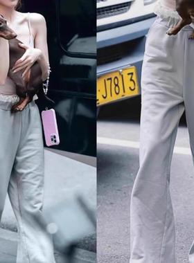 韩代潮牌Moonmoi赵露思同款撞色抽绳花苞腰头百搭阔腿裤 直筒长裤