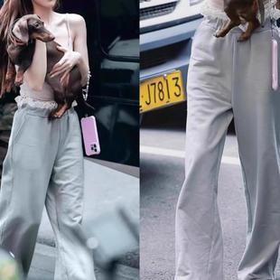 韩代潮牌Moonmoi赵露思同款撞色抽绳花苞腰头百搭阔腿裤 直筒长裤