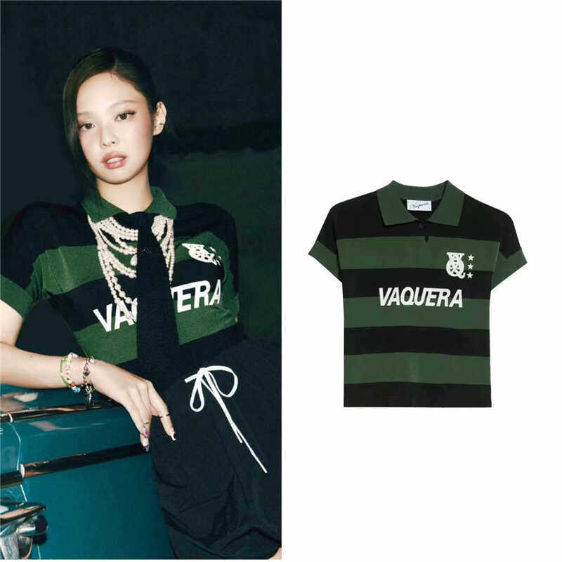 韩代潮牌Vaquera金智妮jennie同款修身绿条纹polo短袖T恤短款上衣