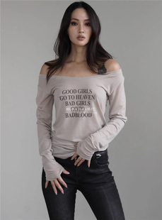 韩代潮牌Badblood 徐璐 申有娜同款修身长袖t恤女露肩 青春打底衫