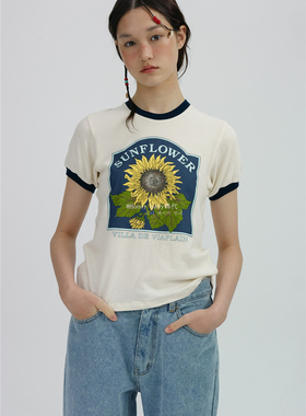 韩代潮牌Viaplain 23新款纯棉向日葵印花撞色复古简约时尚短袖T恤