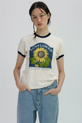 直邮正品拼色正肩袖太阳花女上衣