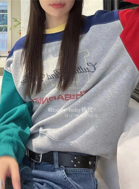 韩代潮牌the barnet拼色撞色字母复古休闲卫衣少女感宽松八奶上衣