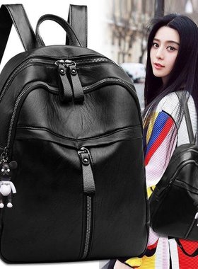 双肩包女韩版时尚pu软皮潮包简约黑色休闲背包款单肩斜挎包包女